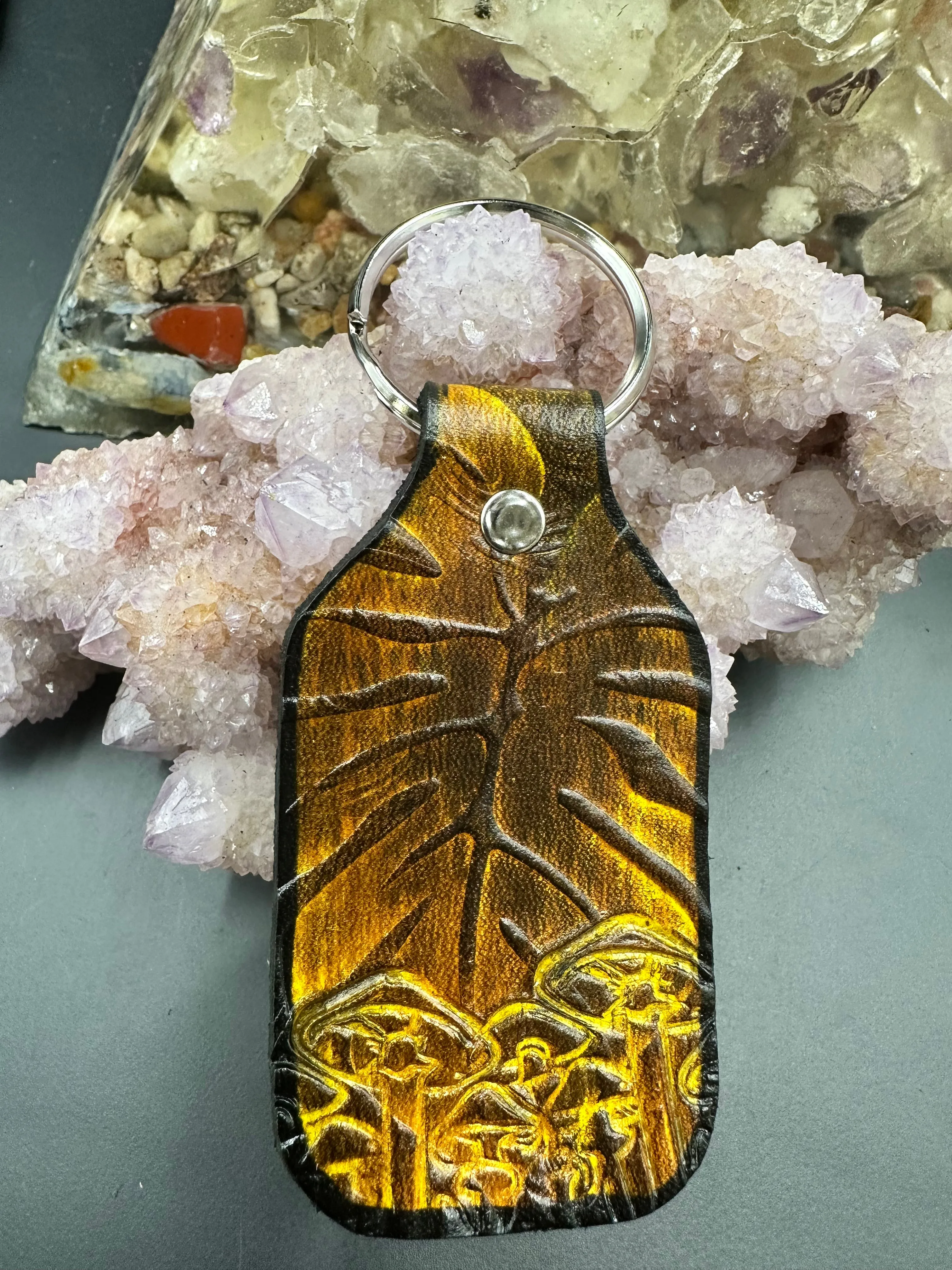 Stamped Leather Keychain - Monstera Leaf Large