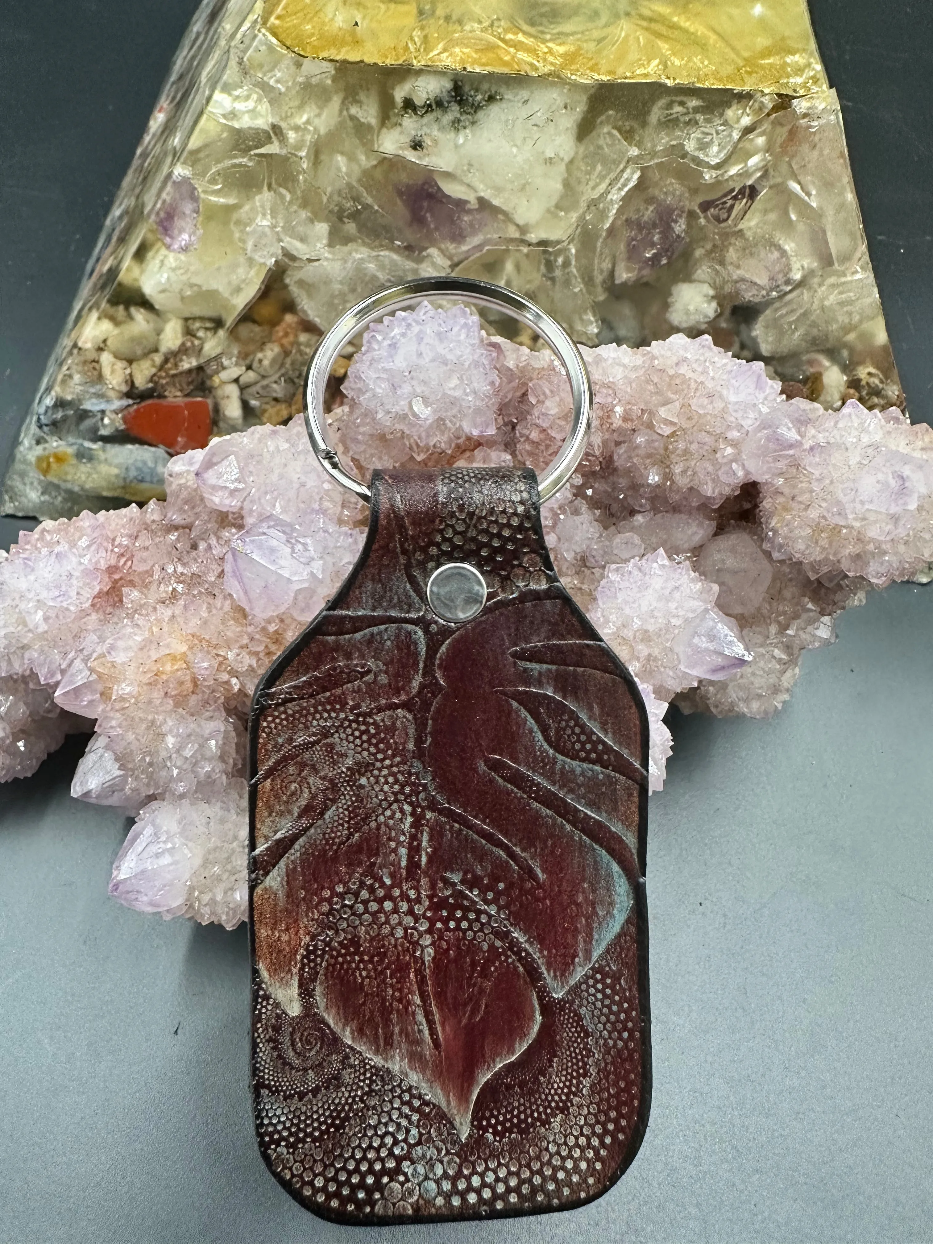 Stamped Leather Keychain - Monstera Leaf Large