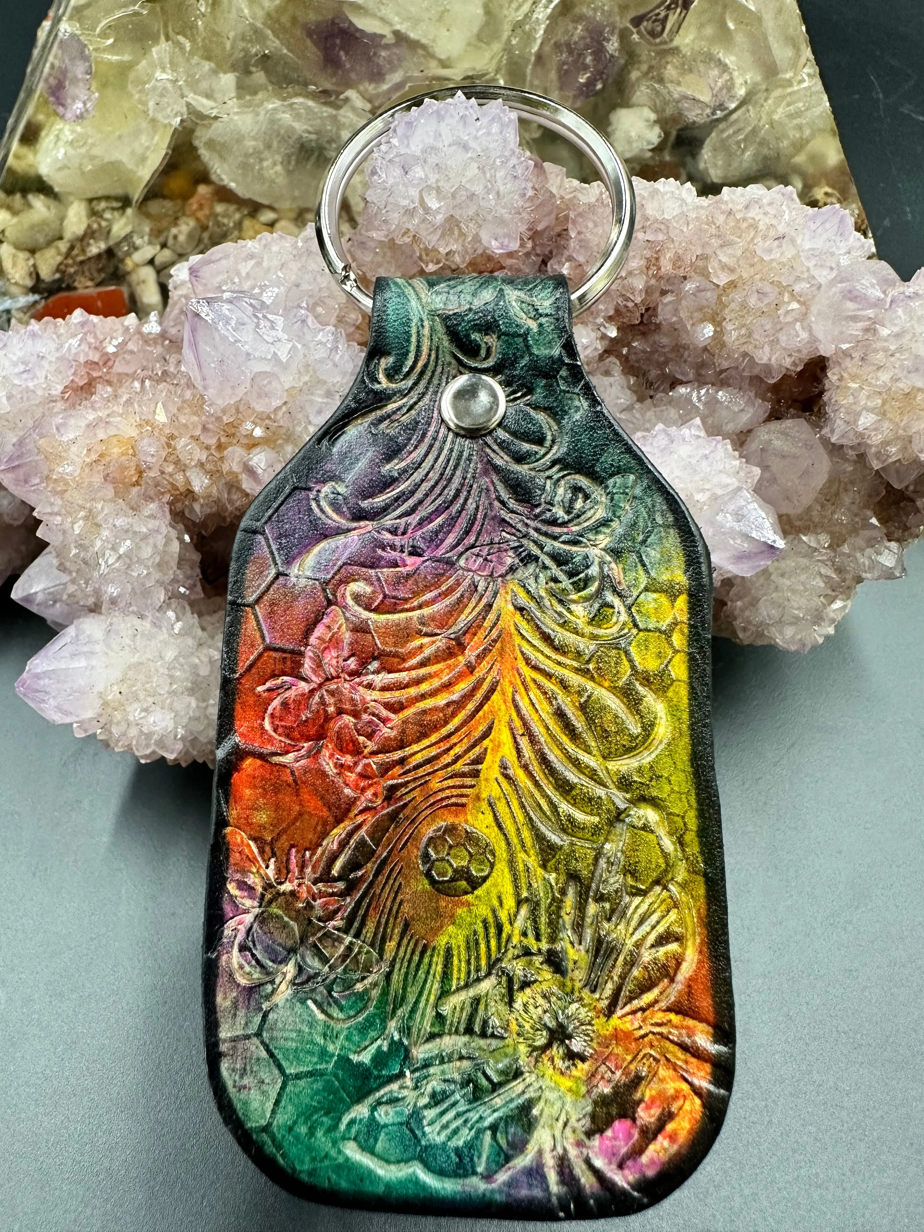 Stamped Leather Keychain - Peacock Feather