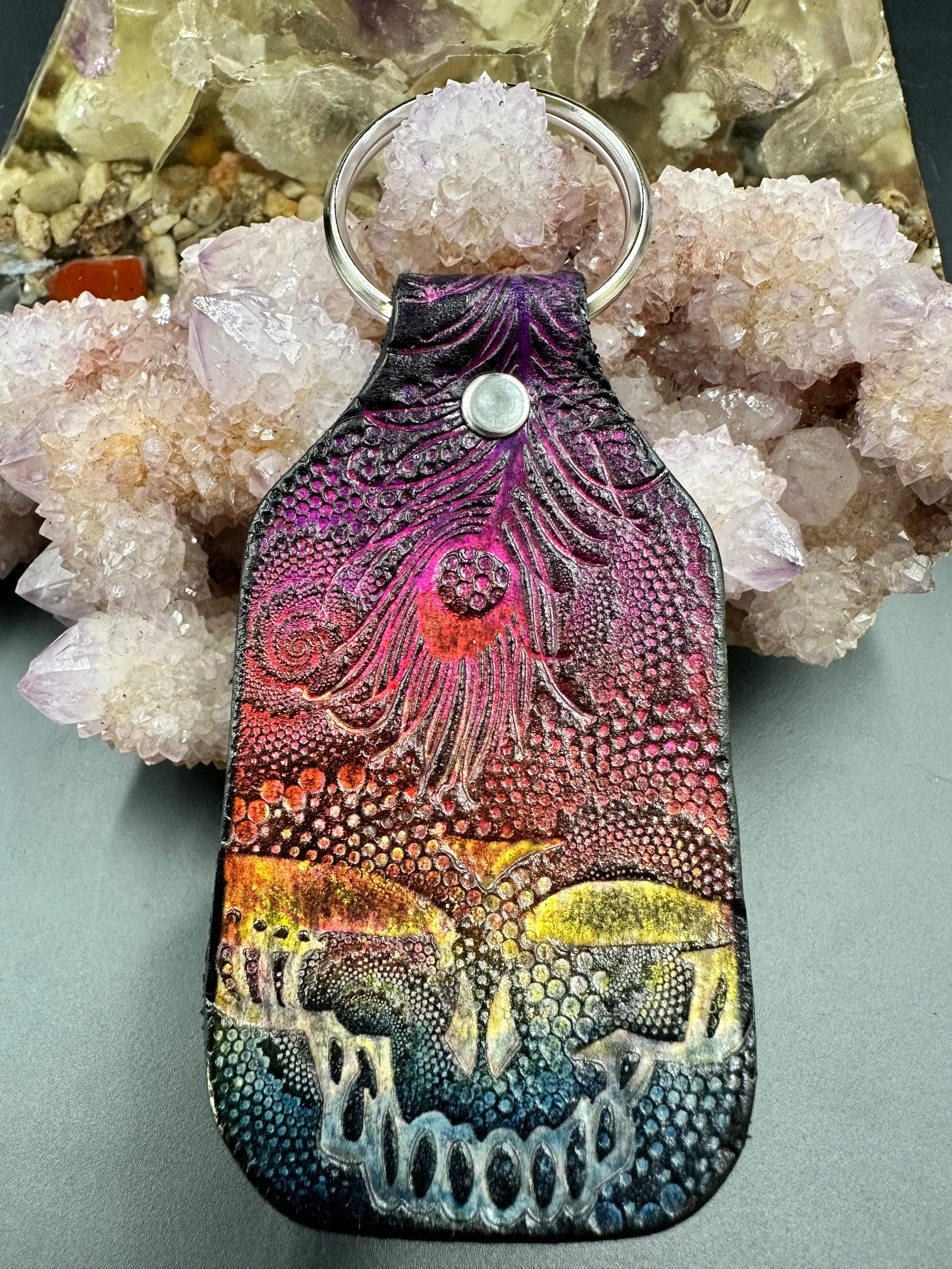 Stamped Leather Keychain - Peacock Feather