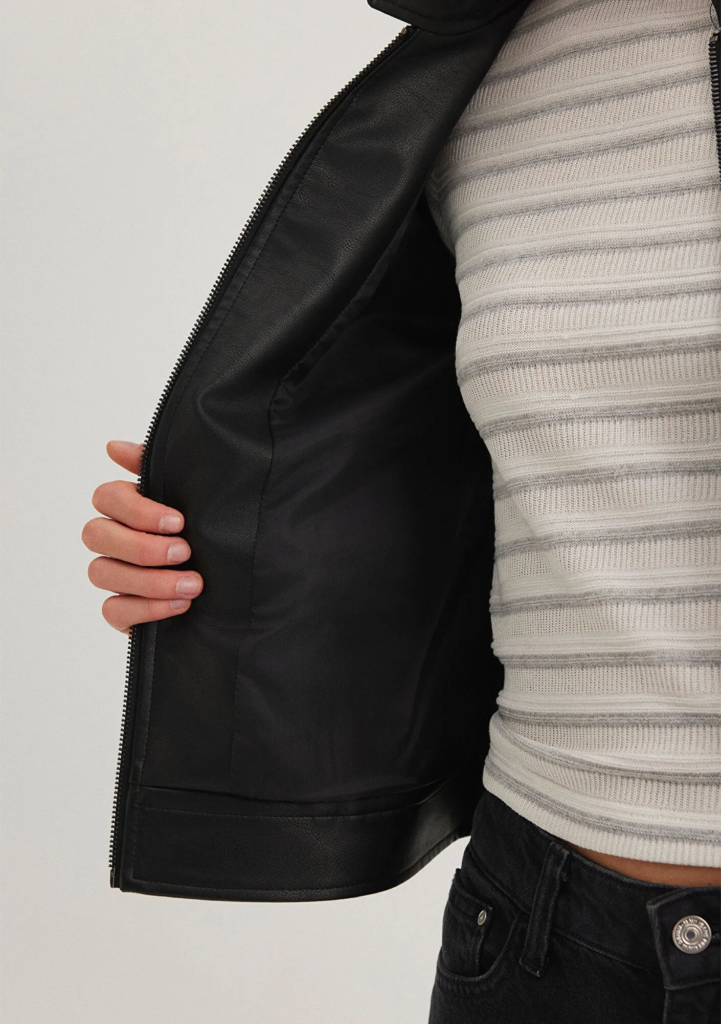Stand Collar Black Faux Leather Jacket