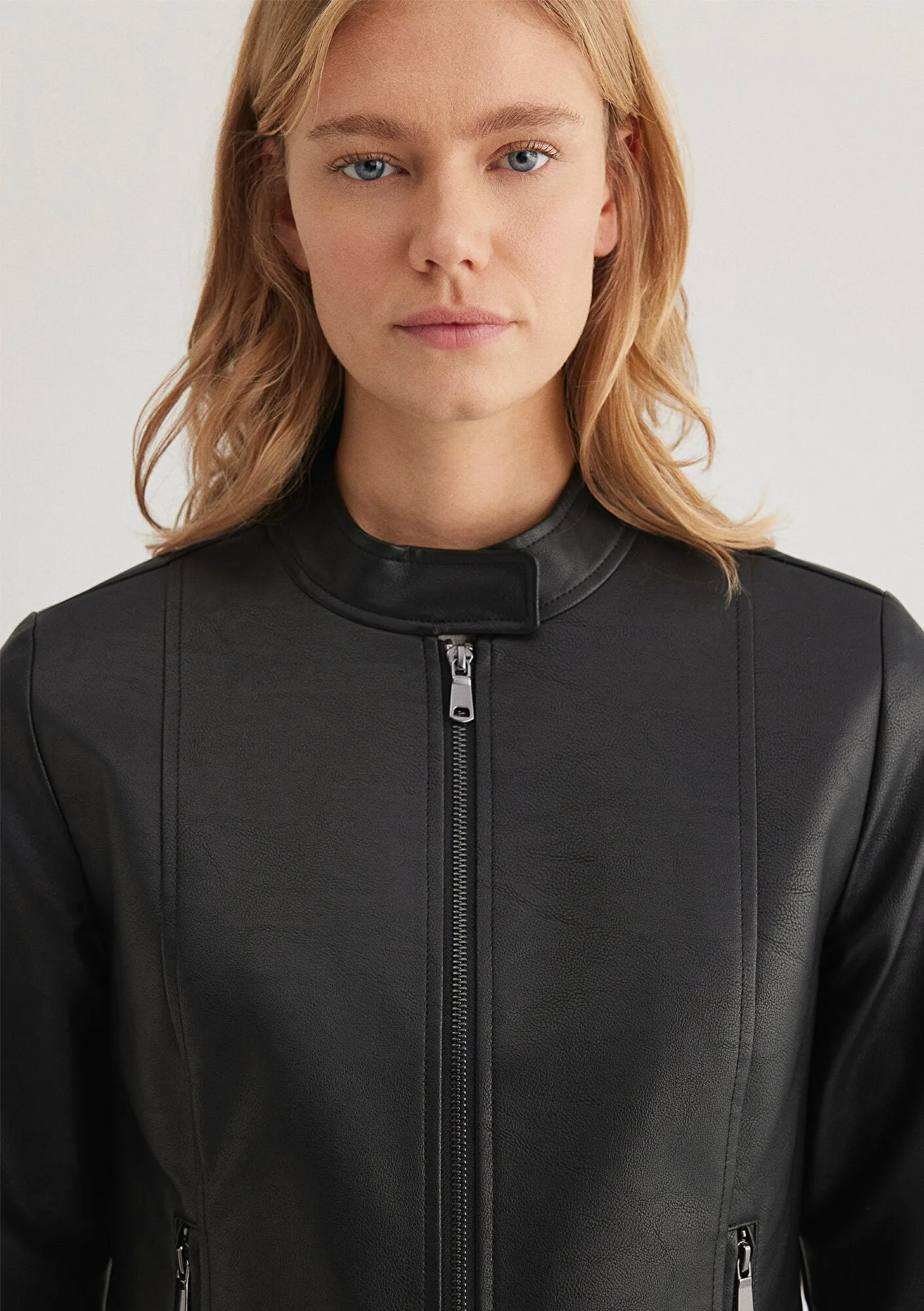 Stand Collar Black Faux Leather Jacket