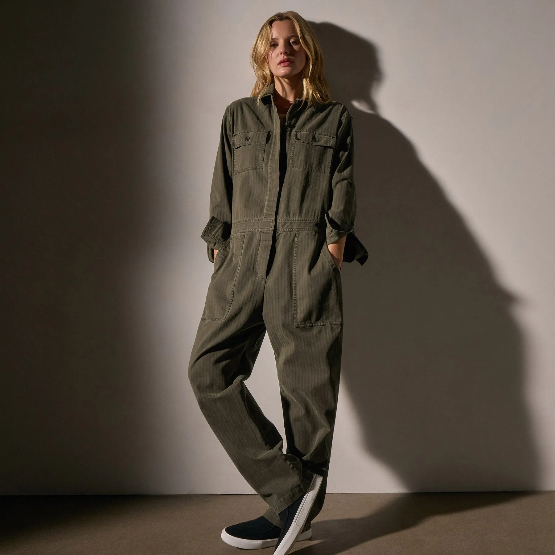 Stretch Herringbone Jumpsuit - Army Green Pigment