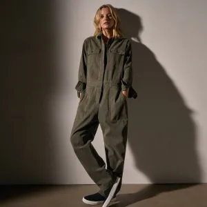 Stretch Herringbone Jumpsuit - Army Green Pigment