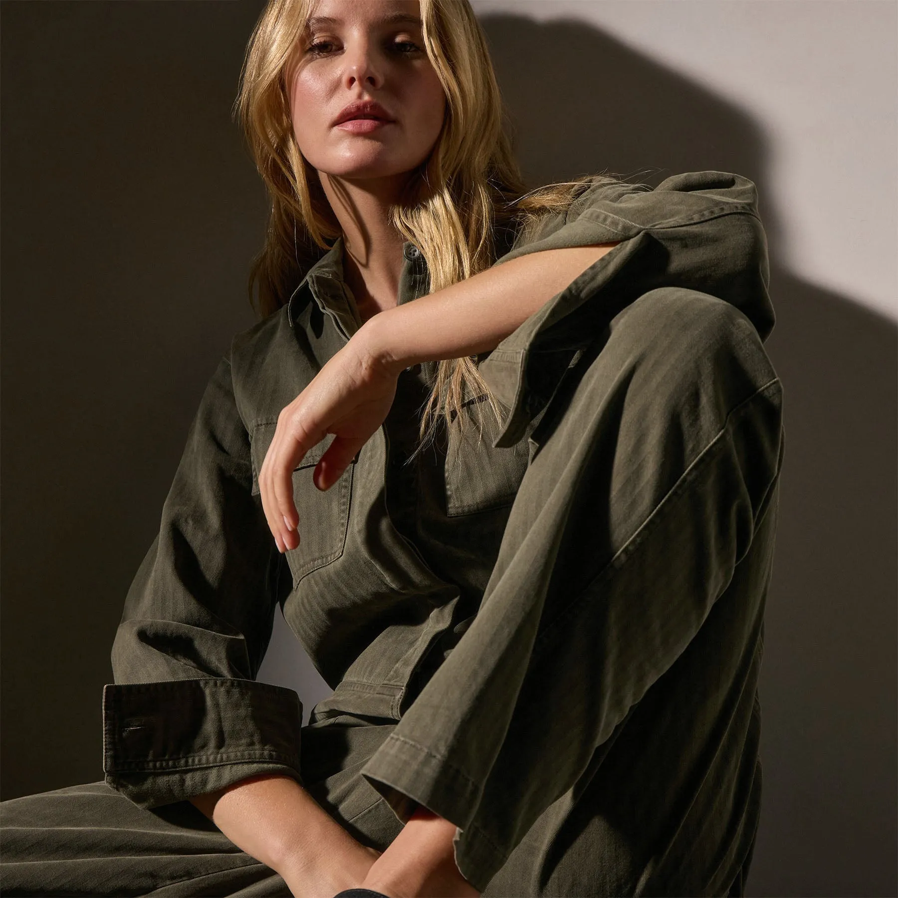 Stretch Herringbone Jumpsuit - Army Green Pigment