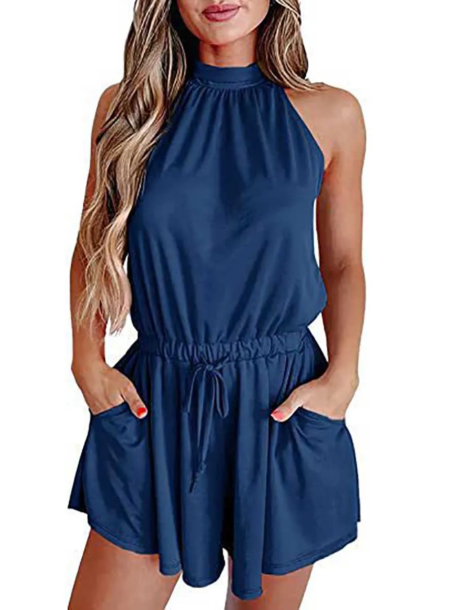 Stunncal Elegant Waist Tie Sleeveless Hanging Neck Loose Shorts Printed Jumpsuit