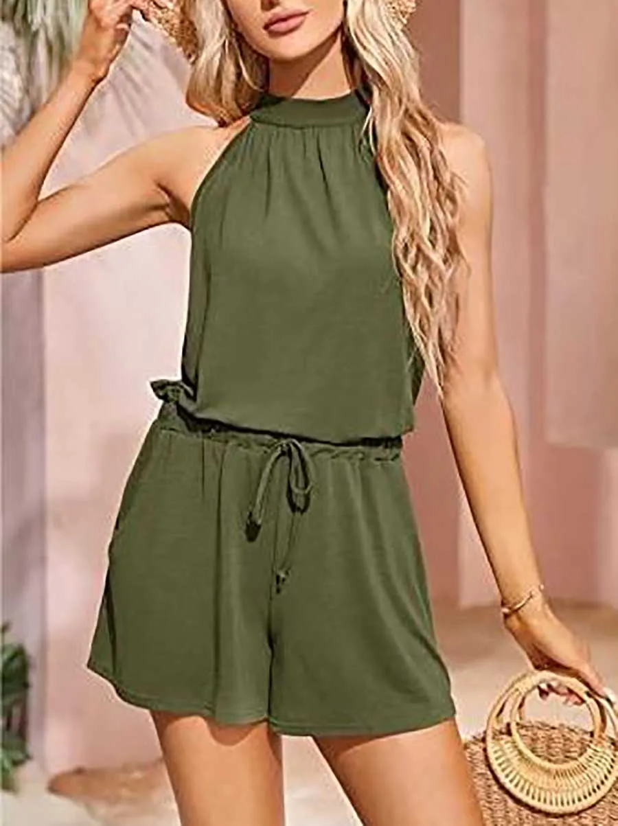 Stunncal Elegant Waist Tie Sleeveless Hanging Neck Loose Shorts Printed Jumpsuit