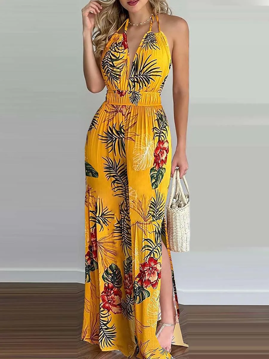 Stunncal Printed Hanging Neck Sexy Backless Split Jumpsuit