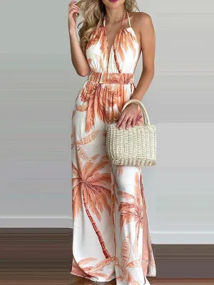 Stunncal Printed Hanging Neck Sexy Backless Split Jumpsuit
