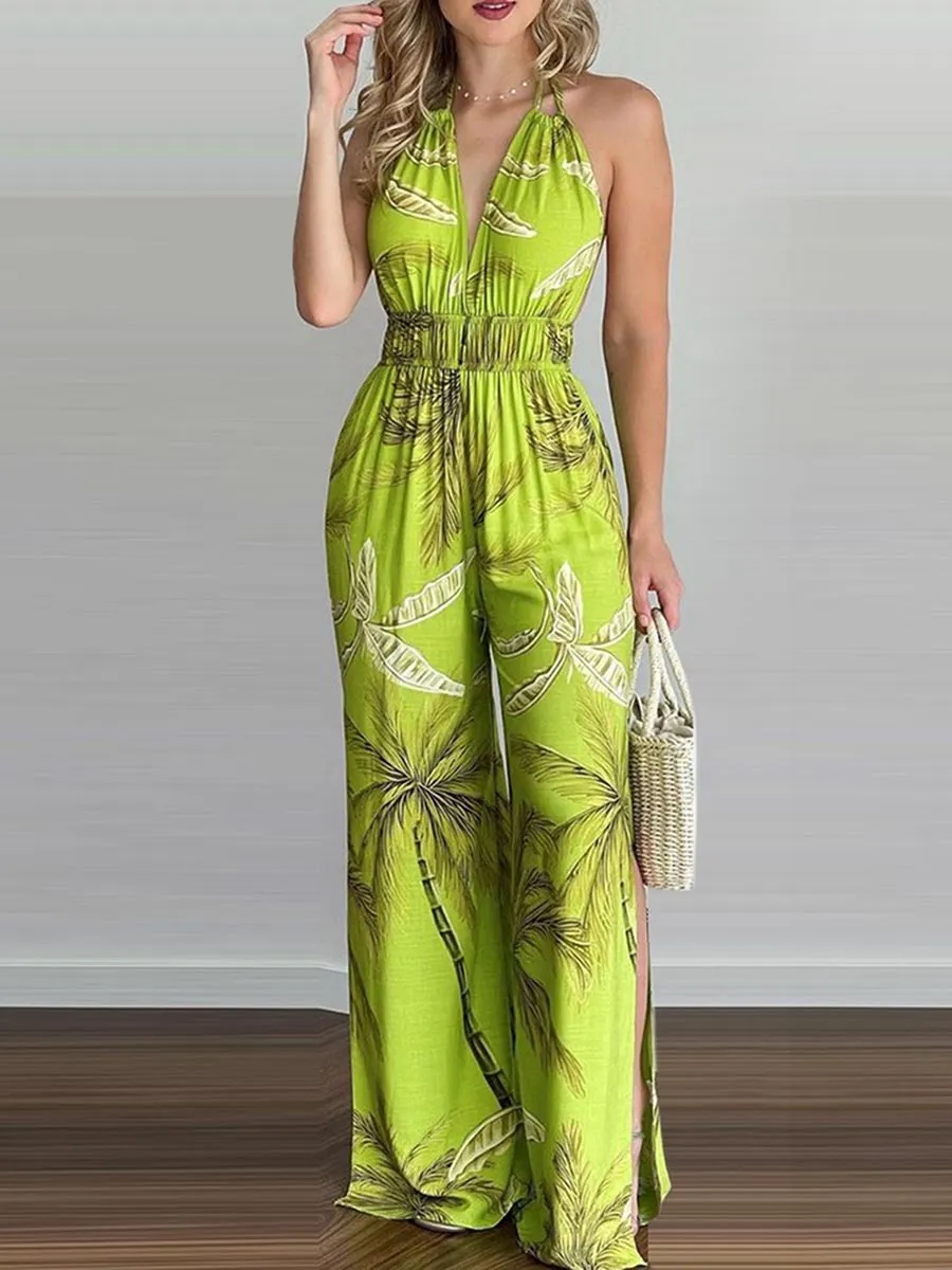 Stunncal Printed Hanging Neck Sexy Backless Split Jumpsuit