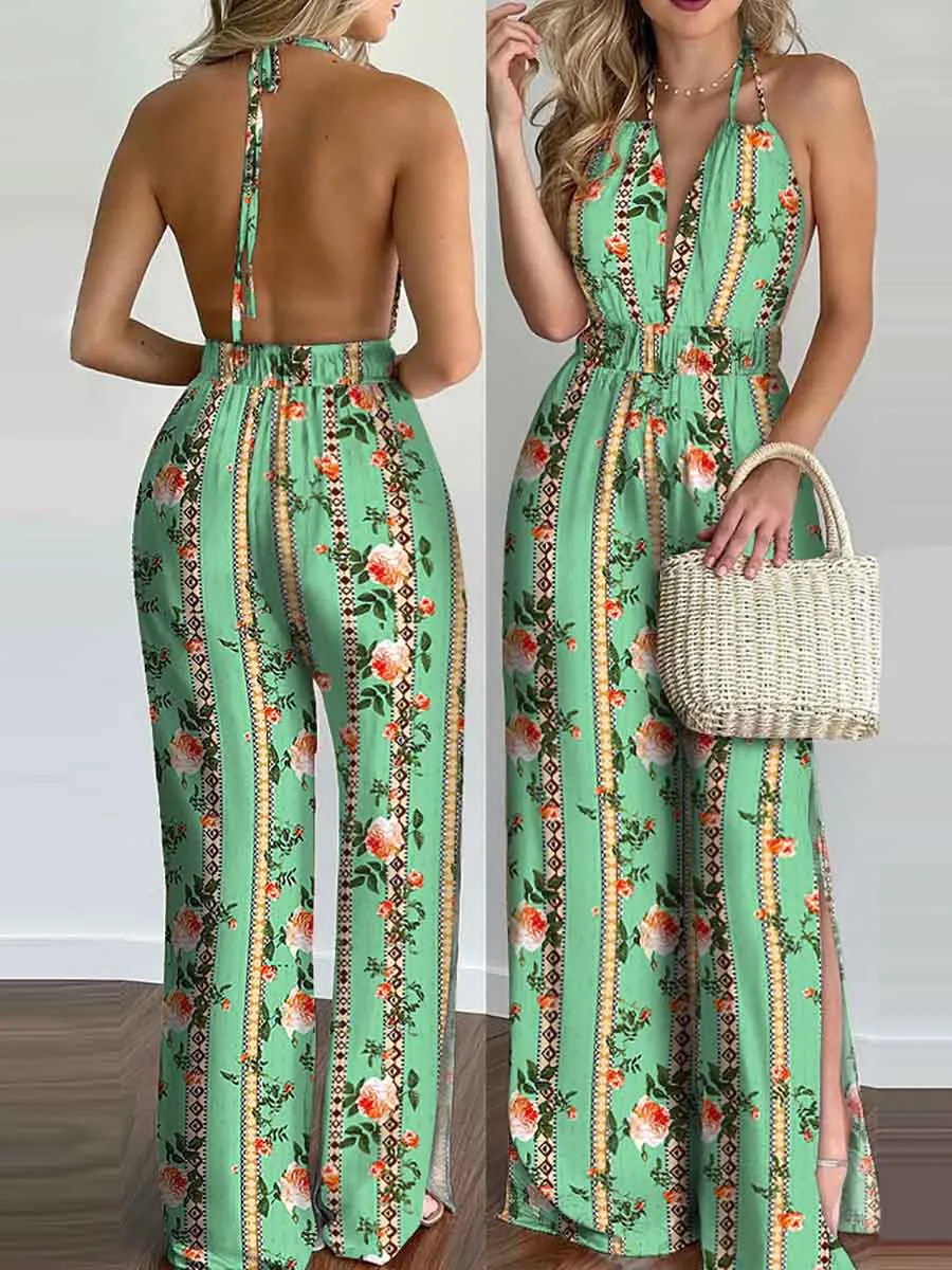 Stunncal Printed Hanging Neck Sexy Backless Split Jumpsuit