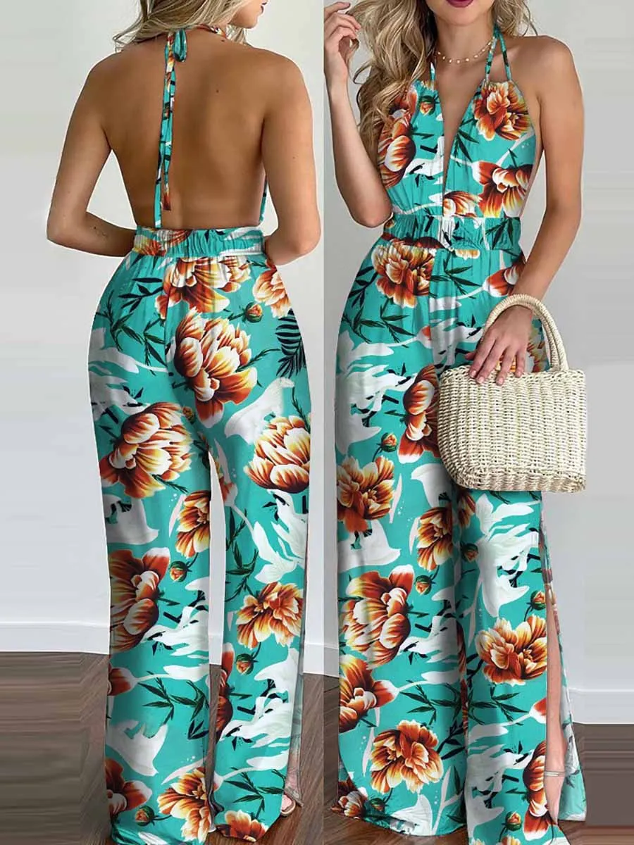 Stunncal Printed Hanging Neck Sexy Backless Split Jumpsuit