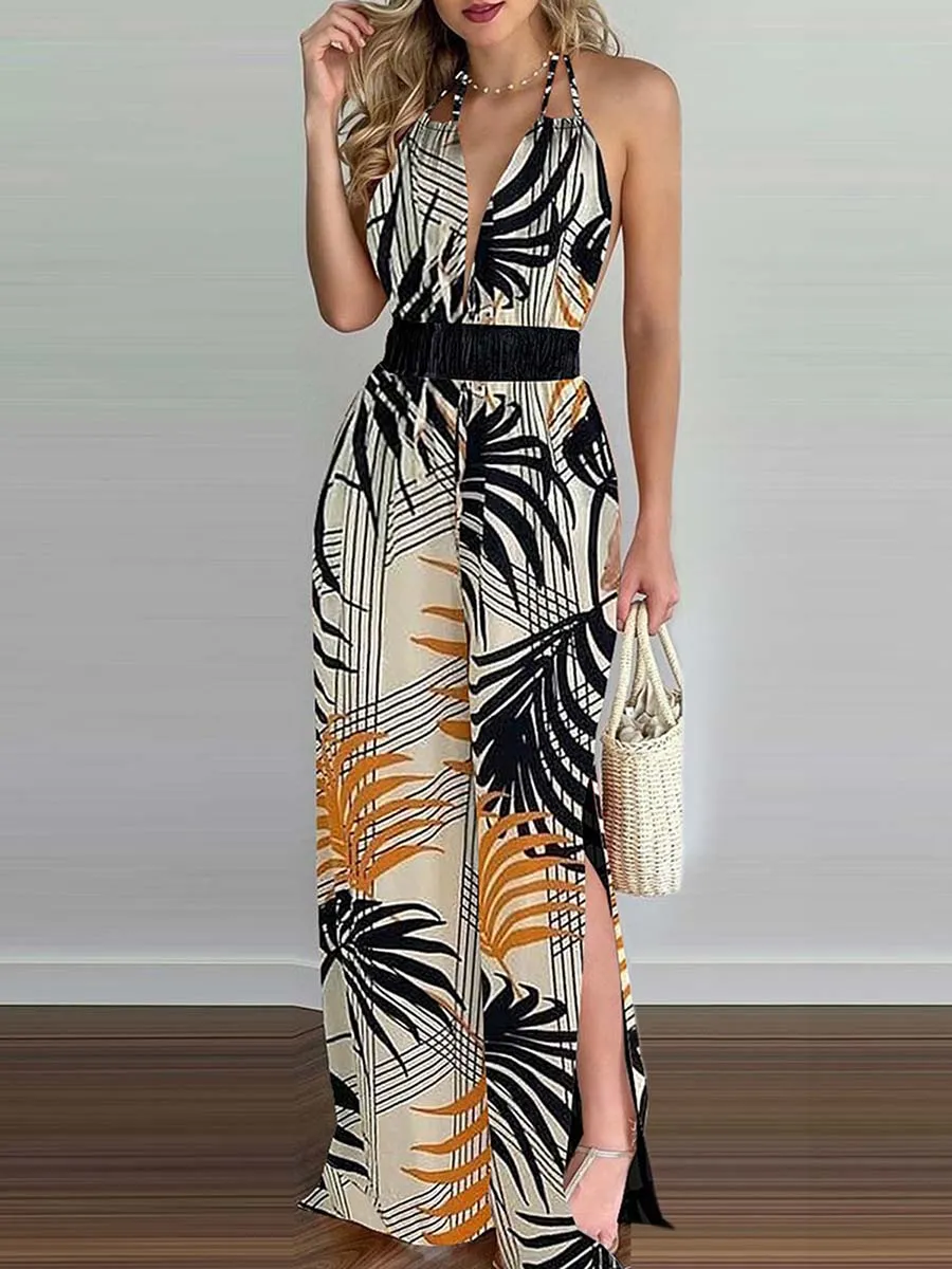 Stunncal Printed Hanging Neck Sexy Backless Split Jumpsuit