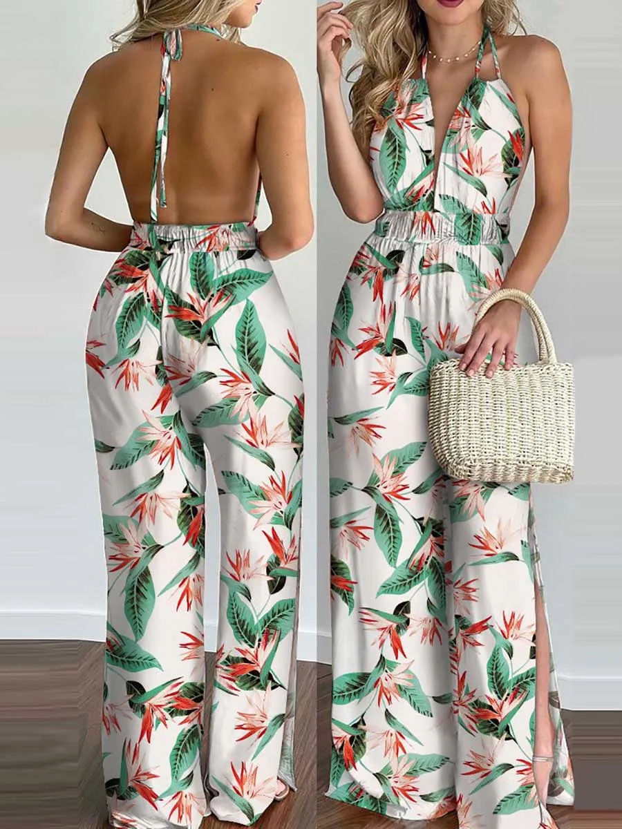 Stunncal Printed Hanging Neck Sexy Backless Split Jumpsuit