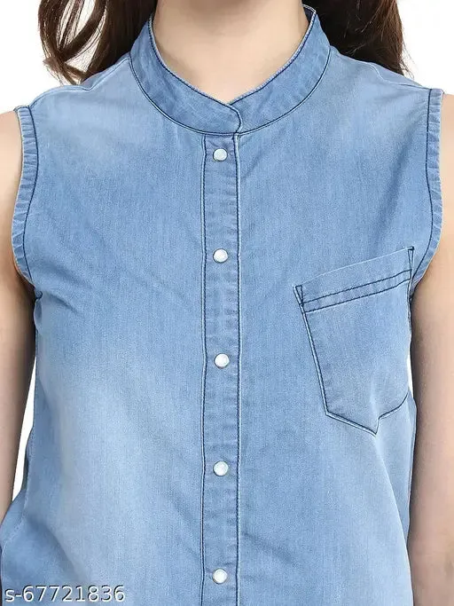 StyleStone Womens Solid Mandarin Collar Blue Jumpsuits