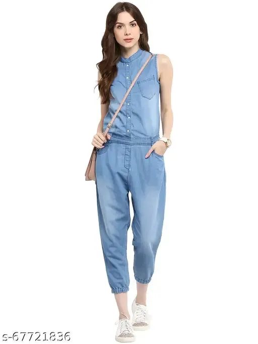 StyleStone Womens Solid Mandarin Collar Blue Jumpsuits
