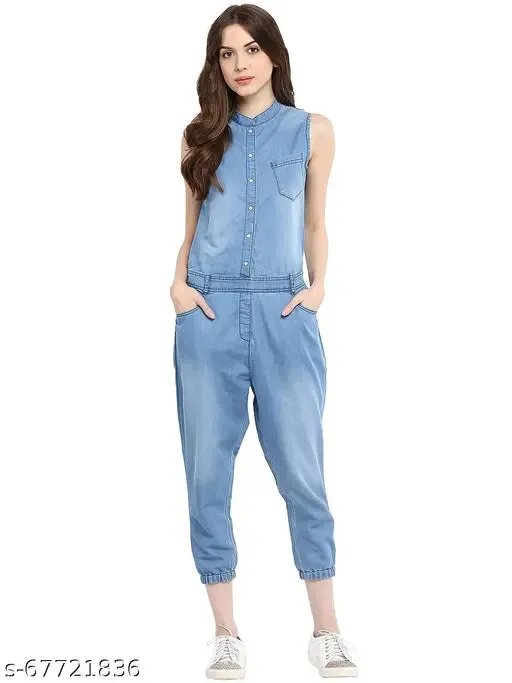 StyleStone Womens Solid Mandarin Collar Blue Jumpsuits