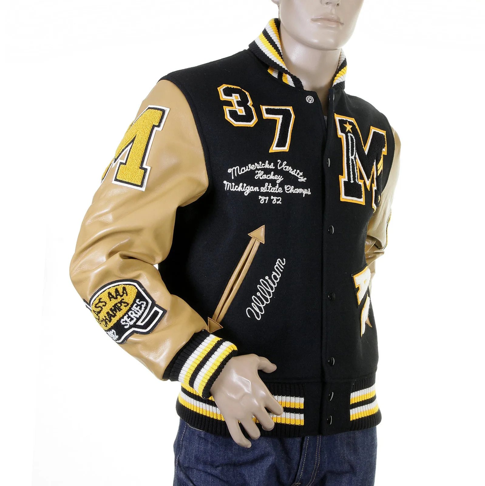 Sugar Cane's Whitesville Letterman WV12310 30oz melton wool set in award Mavericks stadium jacket CANE1091