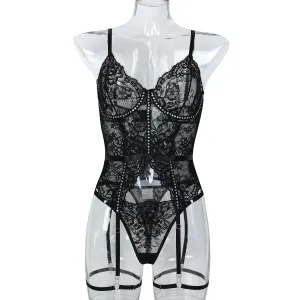Sultry Black Lace Lingerie Bodysuit Set