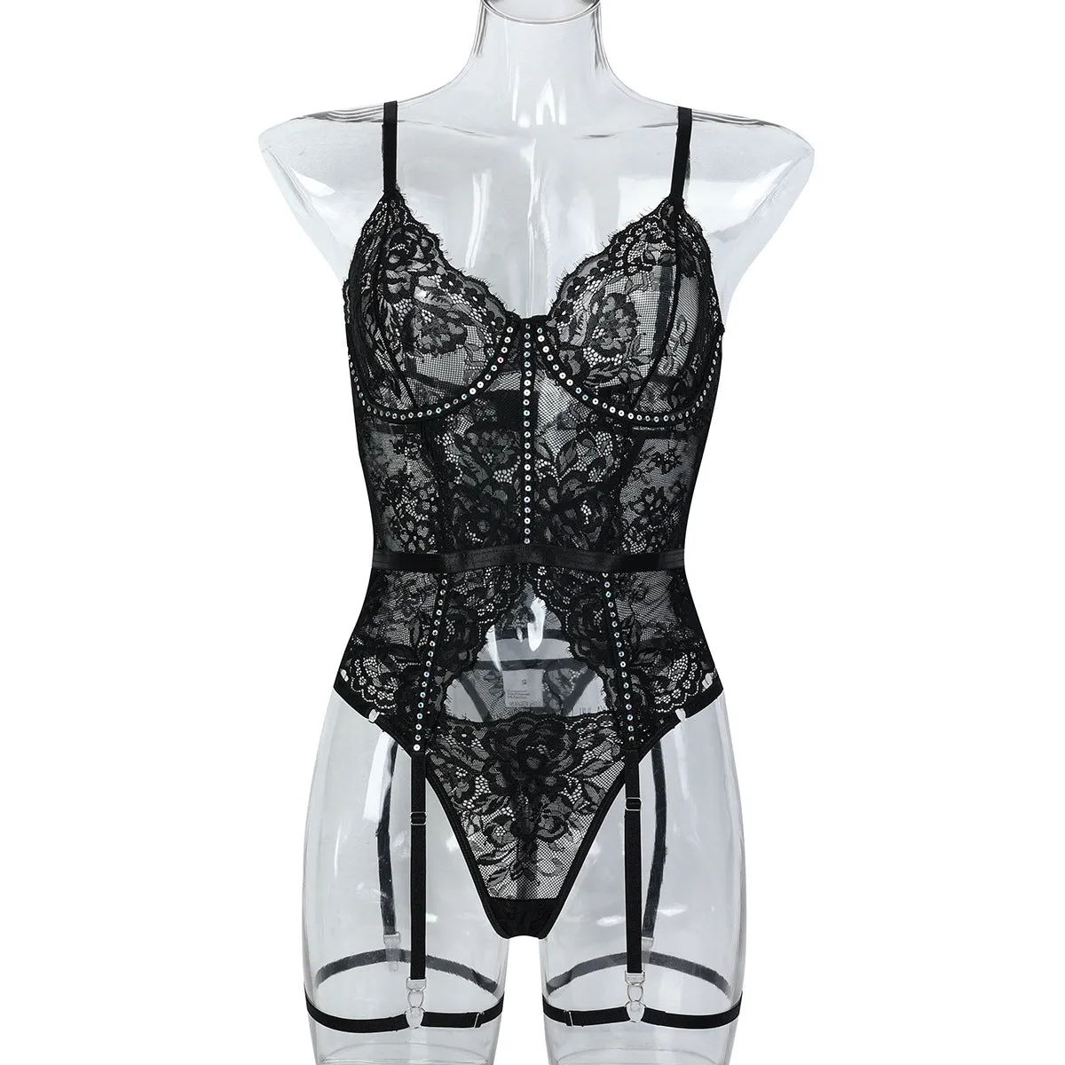 Sultry Black Lace Lingerie Bodysuit Set