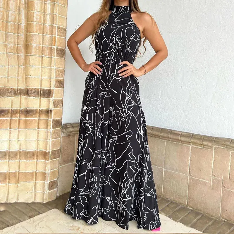 Summer Sleeveless Halter Jumpsuit Women Vintage Print Jumpsuit Women High Waist Pocket Playsuit