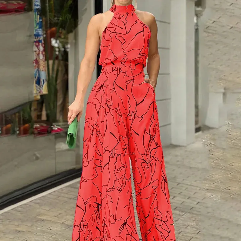 Summer Sleeveless Halter Jumpsuit Women Vintage Print Jumpsuit Women High Waist Pocket Playsuit