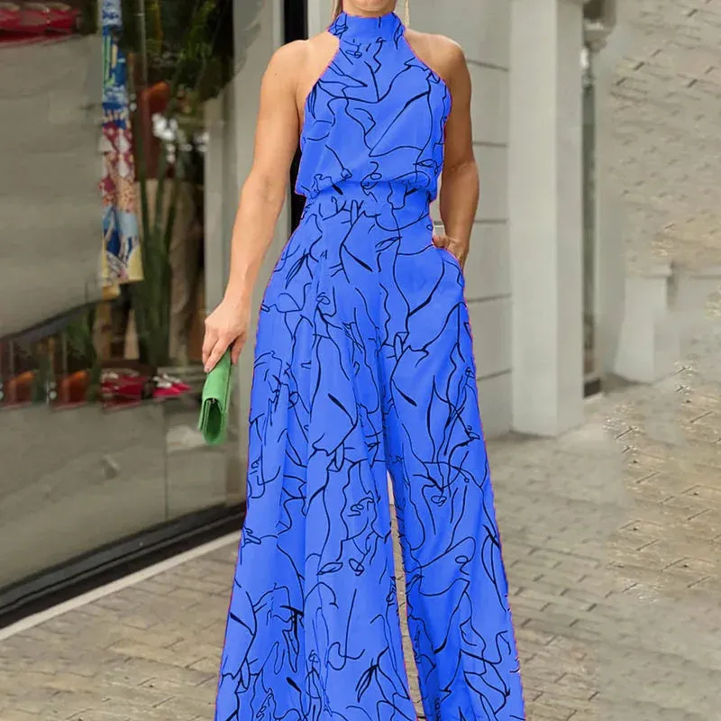 Summer Sleeveless Halter Jumpsuit Women Vintage Print Jumpsuit Women High Waist Pocket Playsuit