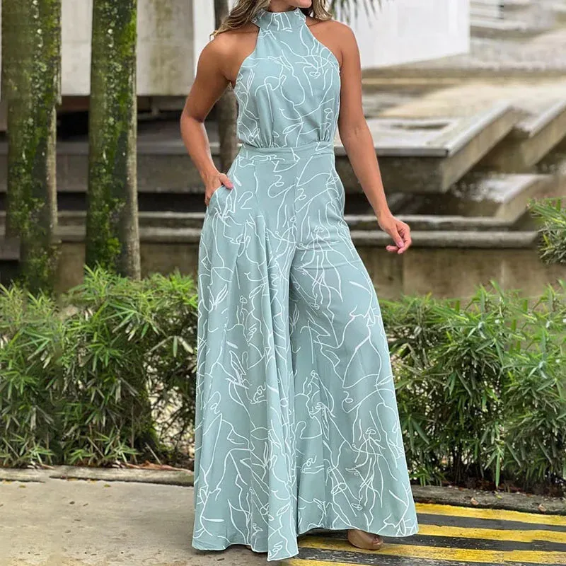 Summer Sleeveless Halter Jumpsuit Women Vintage Print Jumpsuit Women High Waist Pocket Playsuit
