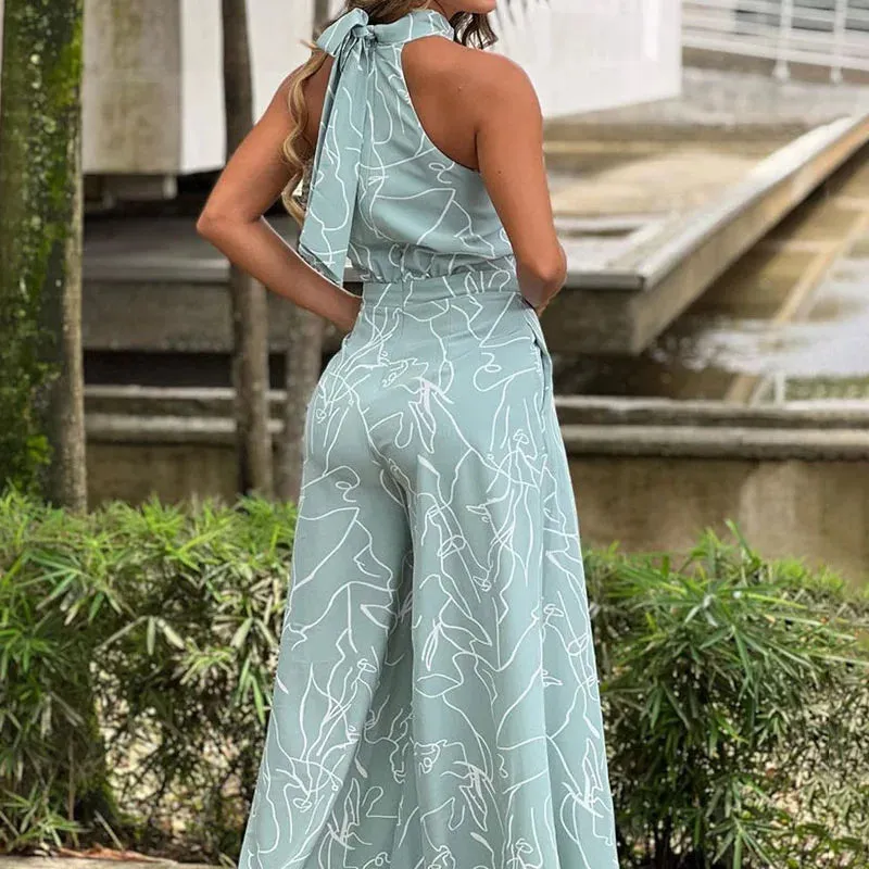 Summer Sleeveless Halter Jumpsuit Women Vintage Print Jumpsuit Women High Waist Pocket Playsuit