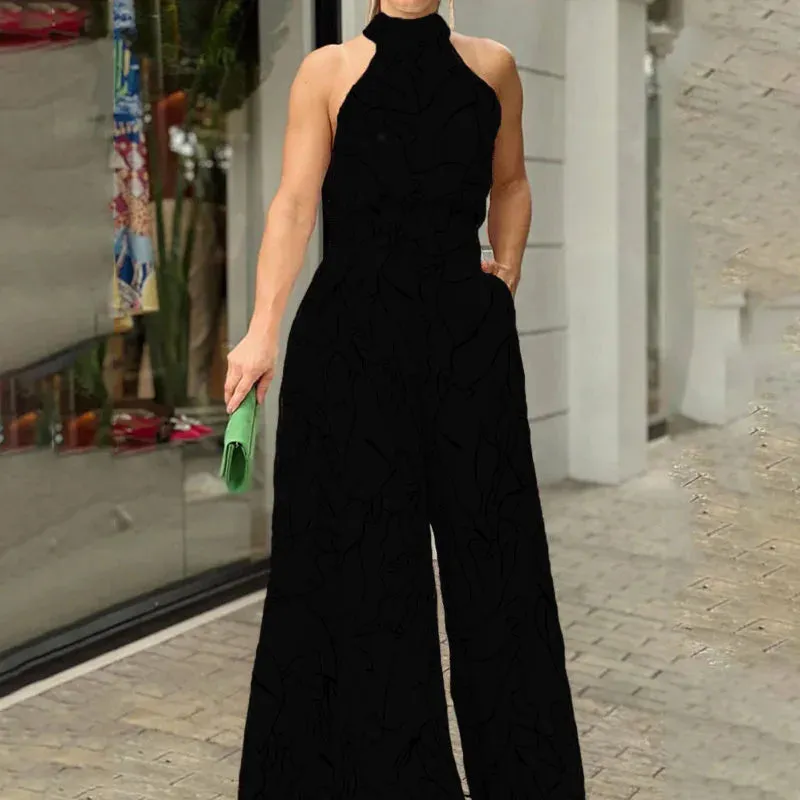 Summer Sleeveless Halter Jumpsuit Women Vintage Print Jumpsuit Women High Waist Pocket Playsuit