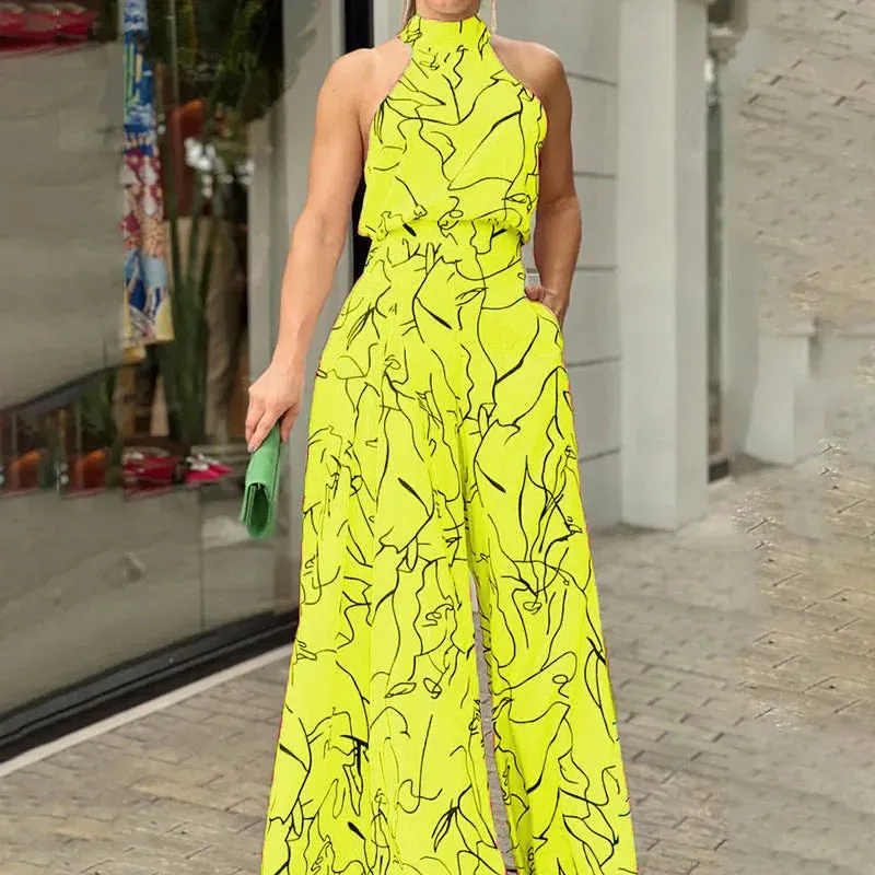 Summer Sleeveless Halter Jumpsuit Women Vintage Print Jumpsuit Women High Waist Pocket Playsuit