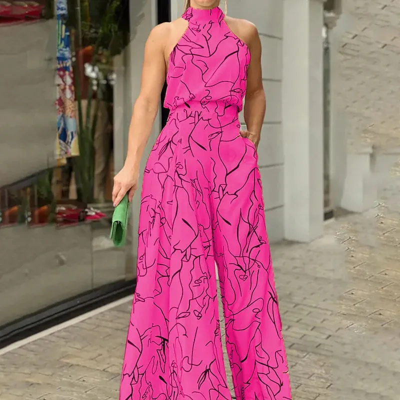 Summer Sleeveless Halter Jumpsuit Women Vintage Print Jumpsuit Women High Waist Pocket Playsuit