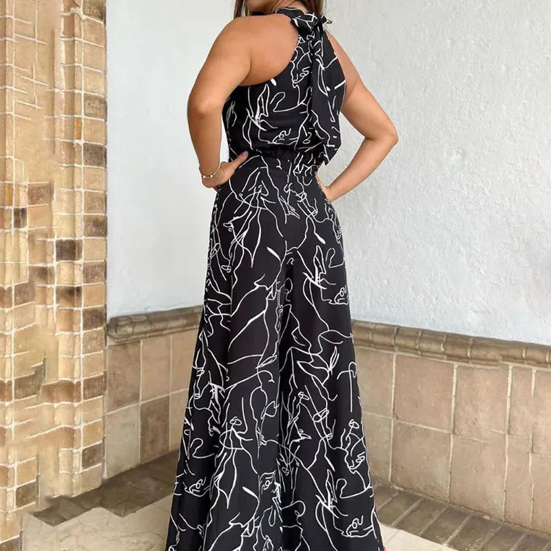 Summer Sleeveless Halter Jumpsuit Women Vintage Print Jumpsuit Women High Waist Pocket Playsuit