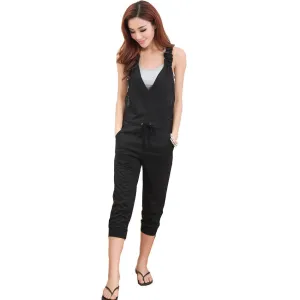 Summer style deep v neck cross backless women jumpsuit plus size ladies sleeveless black overalls and jumpsuits