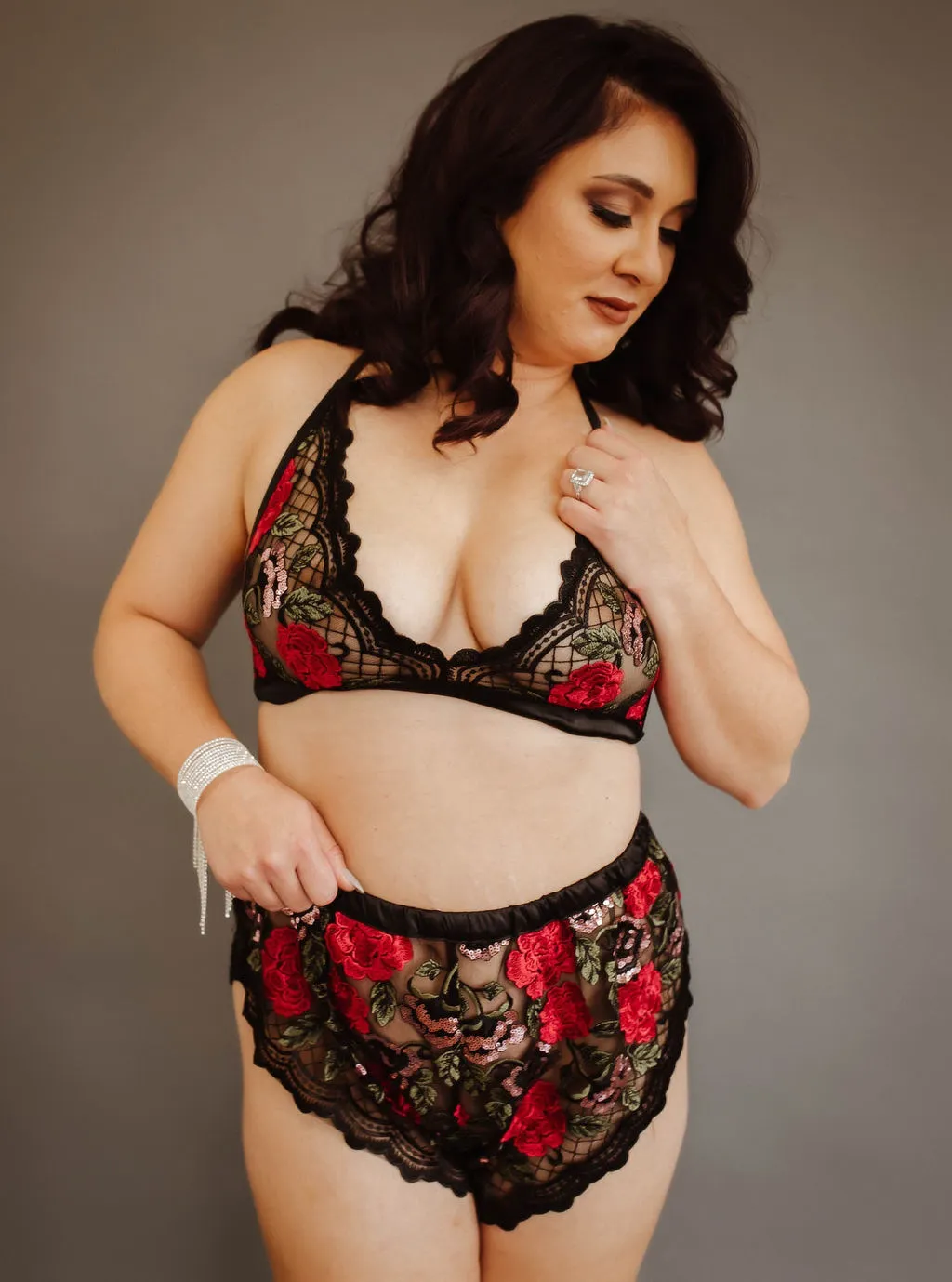 Tall Triangle Bralette--Wild Roses Embroidery