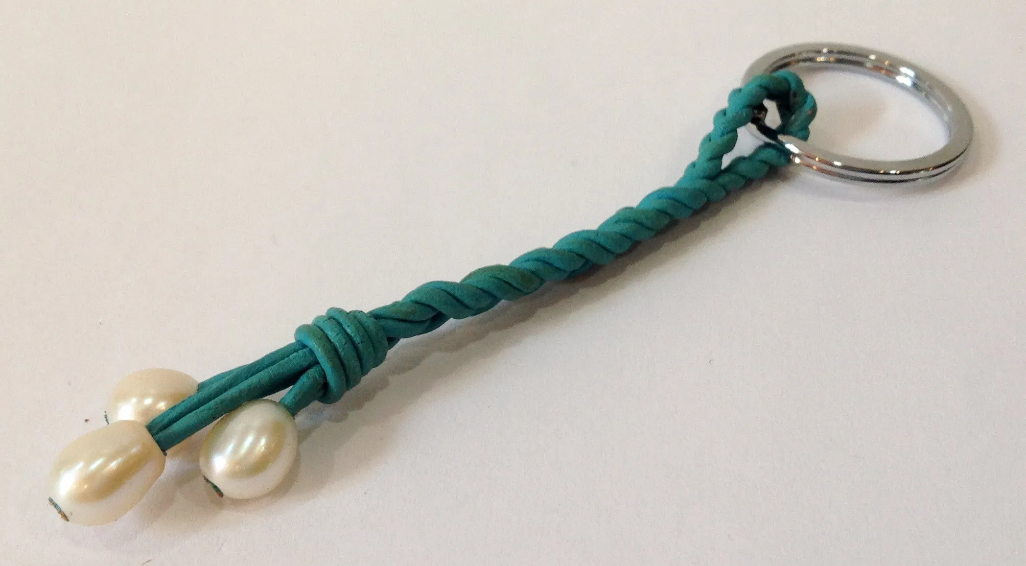 Teal Leather and Freshwater Pearl Keychain