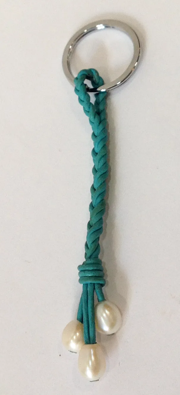 Teal Leather and Freshwater Pearl Keychain