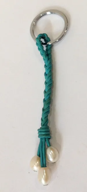 Teal Leather and Freshwater Pearl Keychain