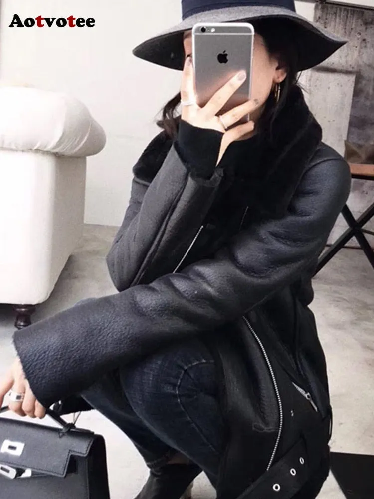 Thick Long Sleeve Chic Faux Leather Jackets for Women with Fur Cuffs & Collar
