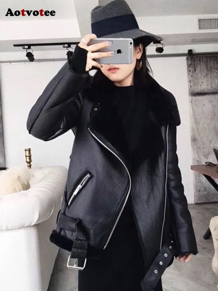 Thick Long Sleeve Chic Faux Leather Jackets for Women with Fur Cuffs & Collar