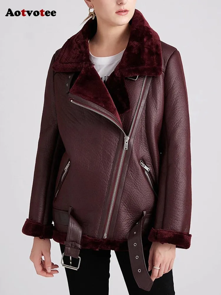 Thick Long Sleeve Chic Faux Leather Jackets for Women with Fur Cuffs & Collar