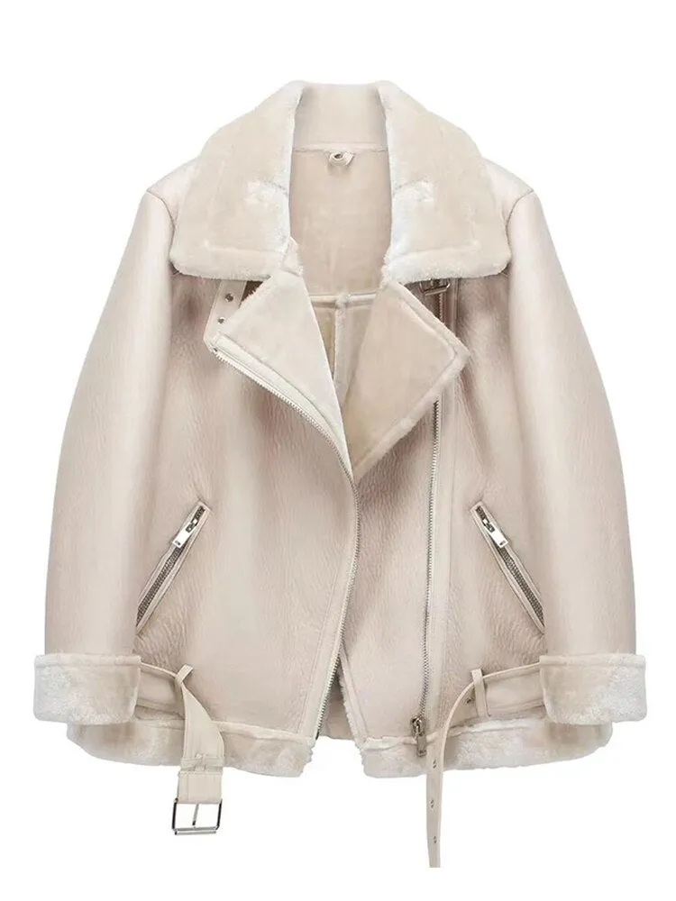 Thick Long Sleeve Chic Faux Leather Jackets for Women with Fur Cuffs & Collar