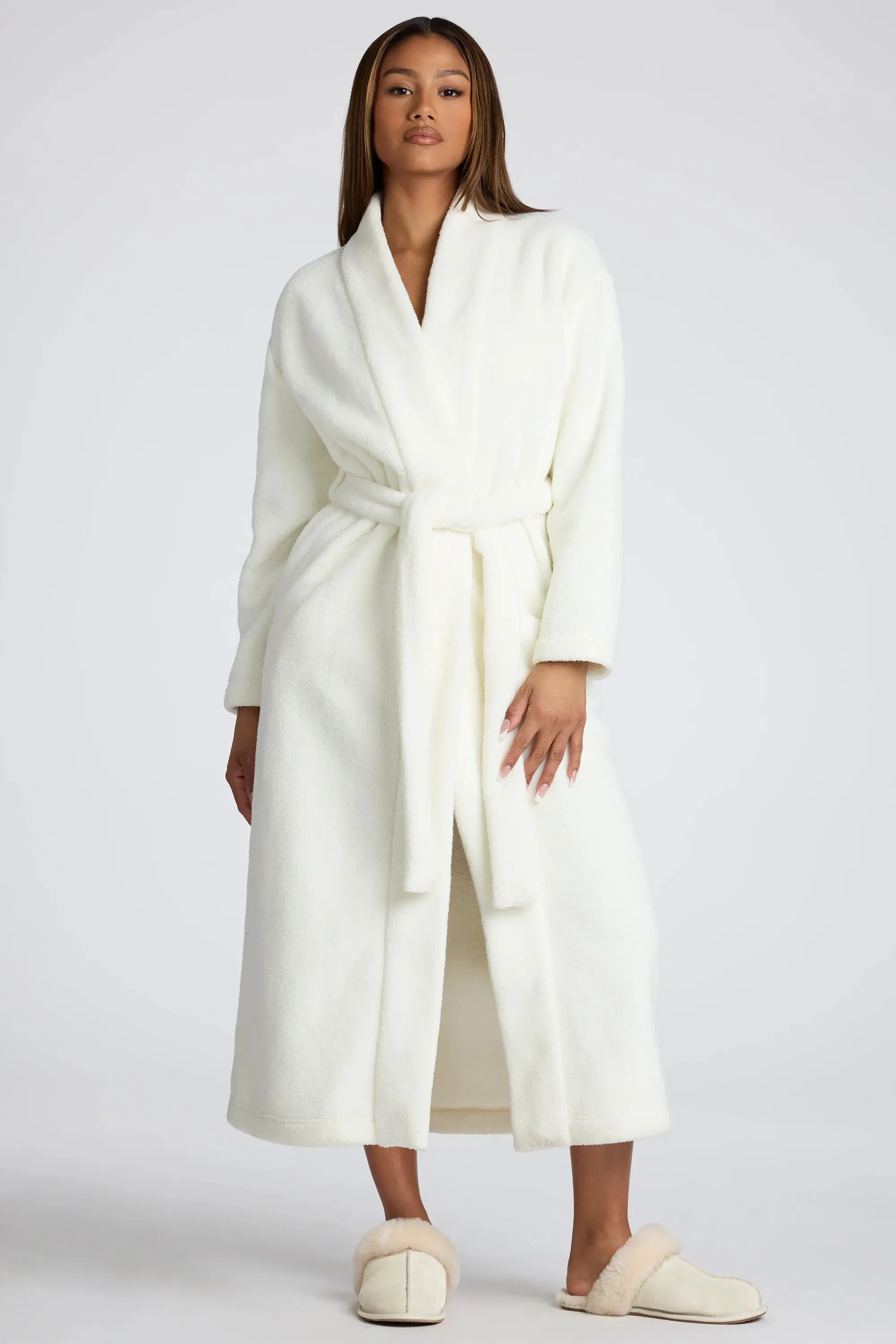 Tie Front Fleece Robe in White