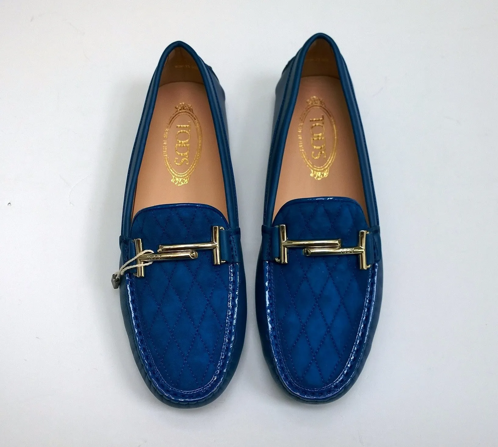 Tod's Double T Loafers in Quilted Blue Suede and Leather Silver Flats Gommino Driving Shoes