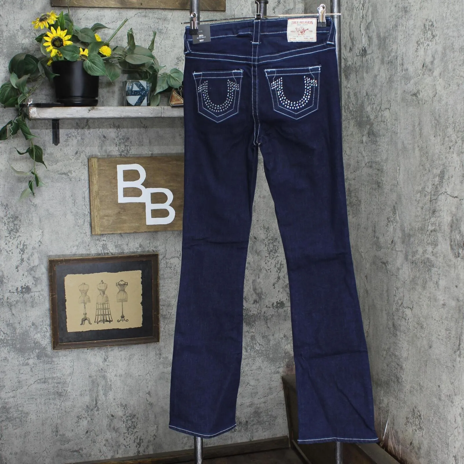 True Religion Womens Becca Mid Rise Crystal Pocket Jeans 2s Body Rinse Blue 27
