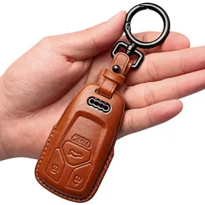 Tukellen for Audi Key Fob Cover Genuine Leather With Keychain,Leather Key Case Protector Compatible Audi A4 Q7 Q5 TT A3 A6 SQ5 R8 S5 smart key-Brown