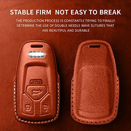 Tukellen for Audi Key Fob Cover Genuine Leather With Keychain,Leather Key Case Protector Compatible Audi A4 Q7 Q5 TT A3 A6 SQ5 R8 S5 smart key-Brown