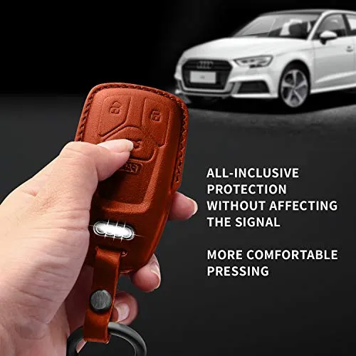 Tukellen for Audi Key Fob Cover Genuine Leather With Keychain,Leather Key Case Protector Compatible Audi A4 Q7 Q5 TT A3 A6 SQ5 R8 S5 smart key-Brown