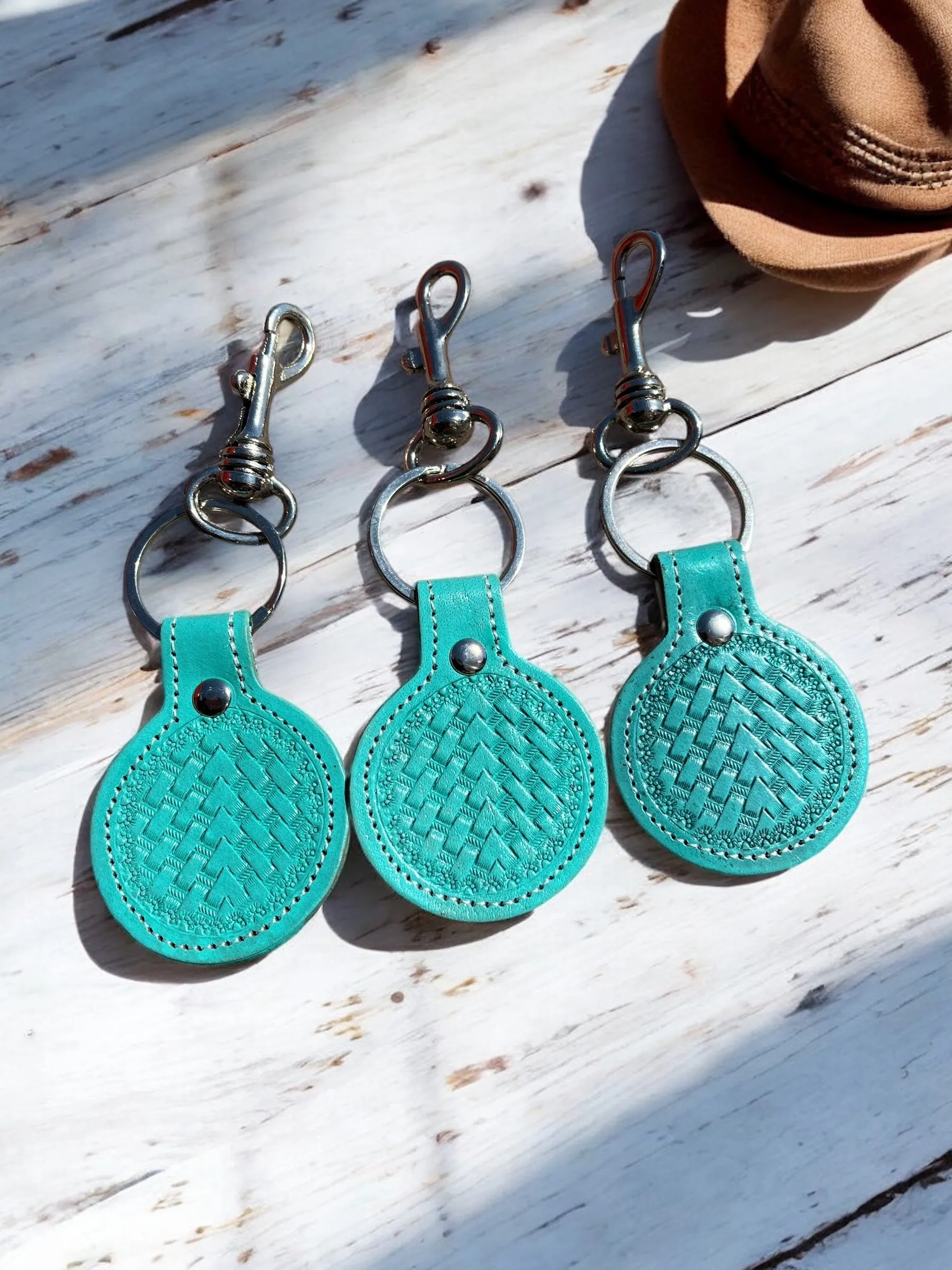 Turquoise Tooled Leather & Cowhide Keychains