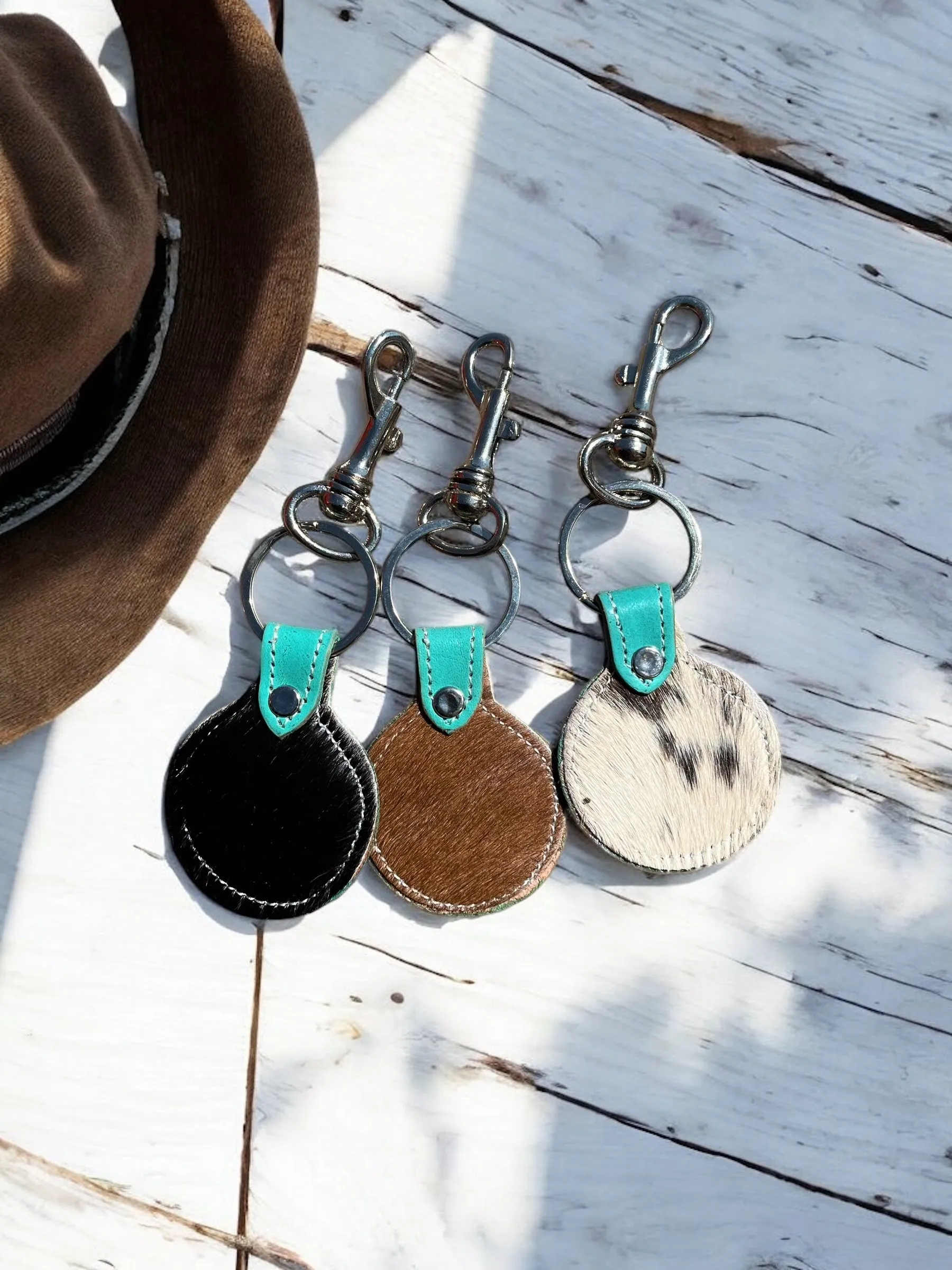 Turquoise Tooled Leather & Cowhide Keychains